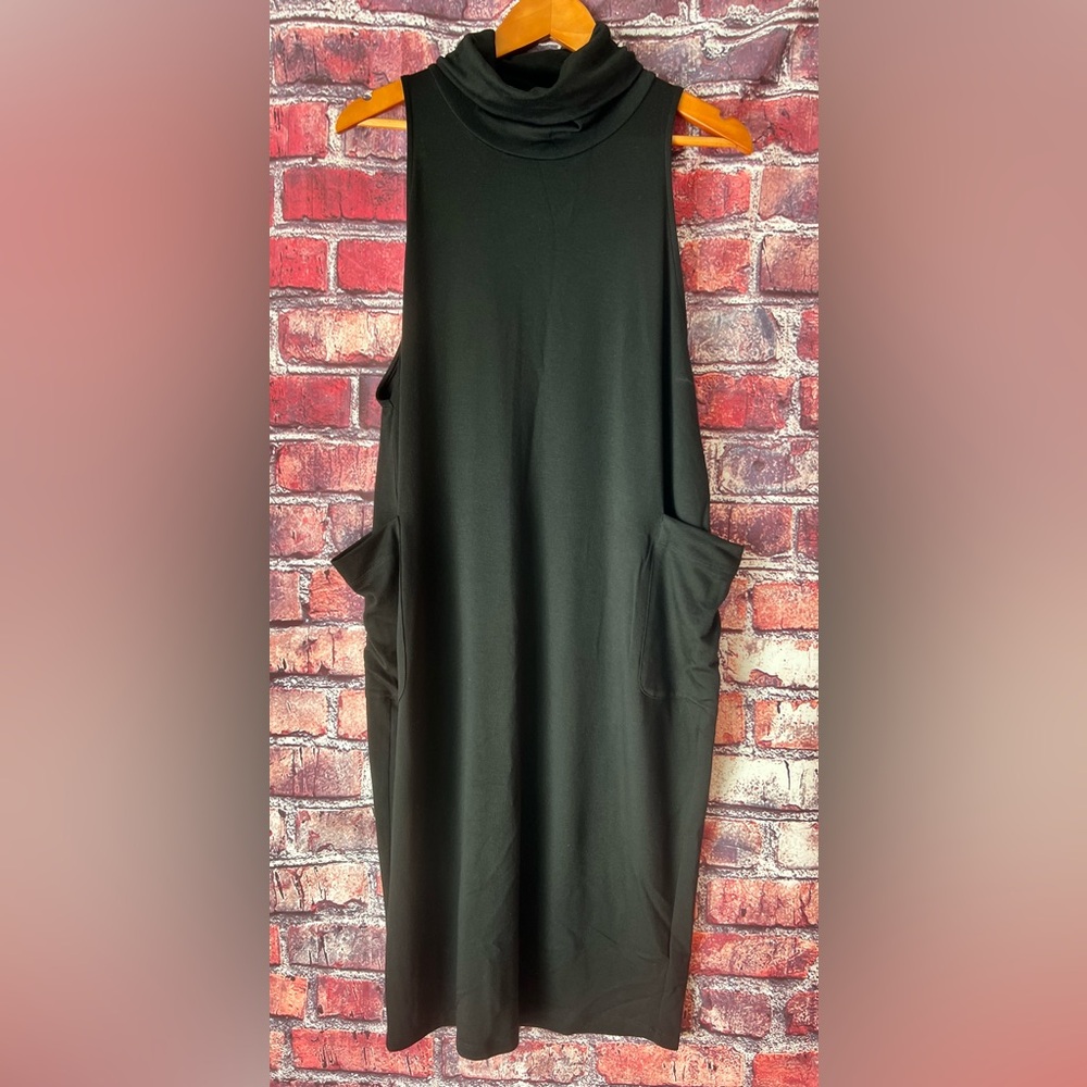 Eileen Fisher Black Cowl Drape Neck Stretch Dress With Pockets